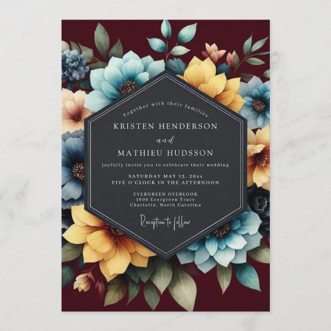 Teal & Burgundy Painterly Bloom Wedding Invitation (Front)