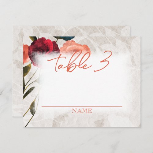 Teal Burgundy Peach Roses Wedding Table Name Note Card