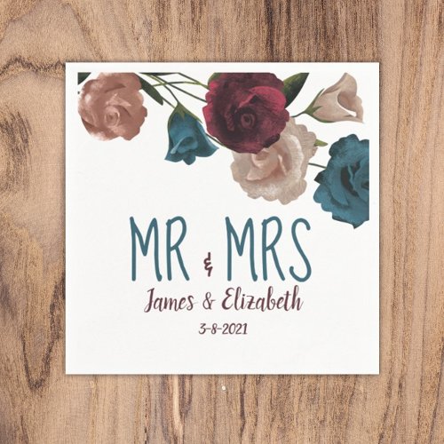 Teal Burgundy Personalize Couples Names Wedding Napkins