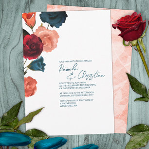 Teal, Burgundy, Pink Rose Wedding Invitation