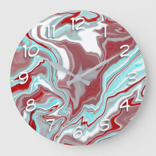 Teal Burgundy Red and White Marble Swirls   Large Clock