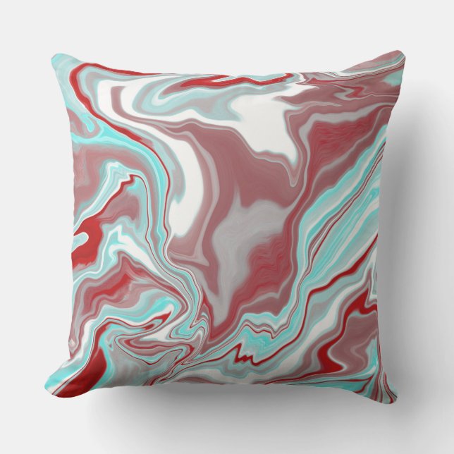 Teal, Burgundy, Red and White Marble Swirls   Outdoor Pillow (Front)