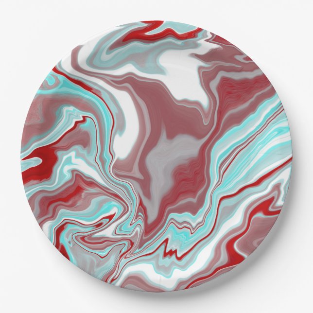 Teal, Burgundy, Red and White Marble Swirls   Paper Plates (Front)