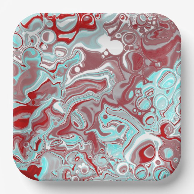 Teal, Burgundy, Red and White Marble Swirls   Paper Plates (Front)
