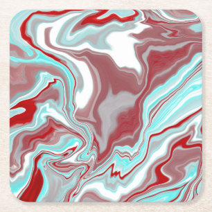 Teal, Burgundy, Red and White Marble Swirls Square Paper Coaster