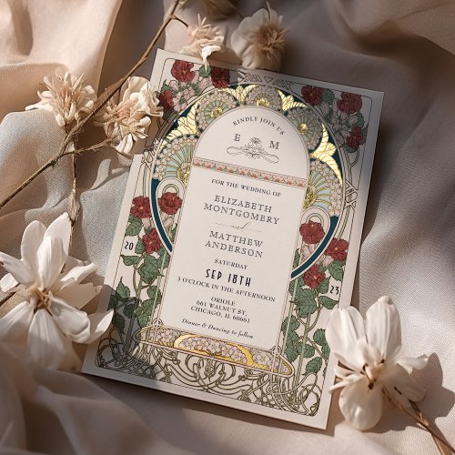 Teal Burgundy Red Gold Wedding Art Nouveau Foil Invitation