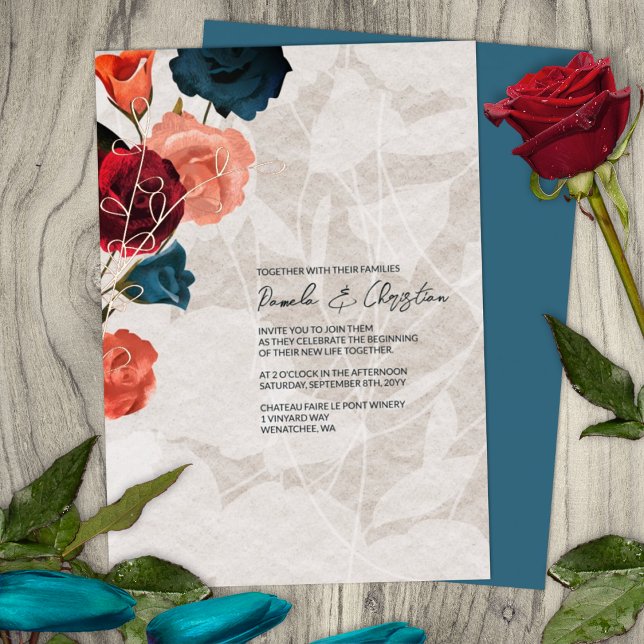Teal, Burgundy, Rose Gold, Boho Garden Wedding Foil Invitation (summer sangria berry wine red burgundy rose gold peach wedding color palette invitations gold leaves)