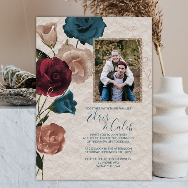 Teal, Burgundy, Rose Gold Roses Wedding Foil Invitation (Blush, Beige, Burgundy, Teal Wedding Bouquet Roses Invitation, Rose Gold Foil Leaves)