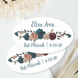 Teal Burgundy Roses Bat Mitzvah Favor Sticker
