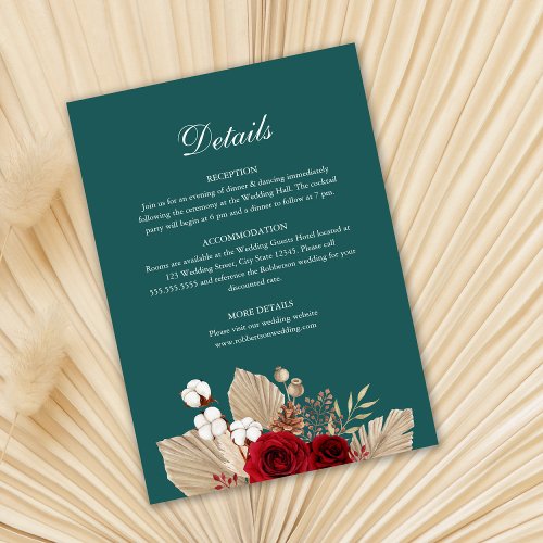 Teal Burgundy Roses Wedding Details Card