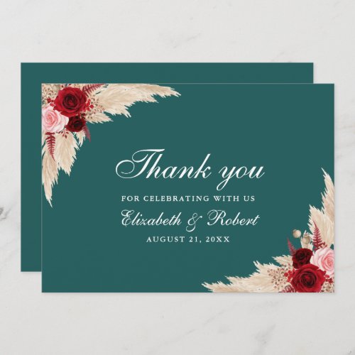Teal Burgundy Roses Wedding Thank You Card