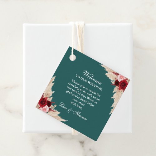 Teal Burgundy Roses Wedding Welcome Favor Tags