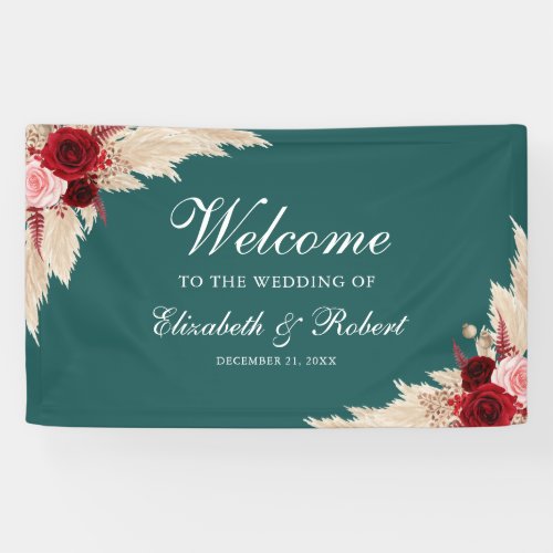 Teal Burgundy Roses Welcome Wedding Banner