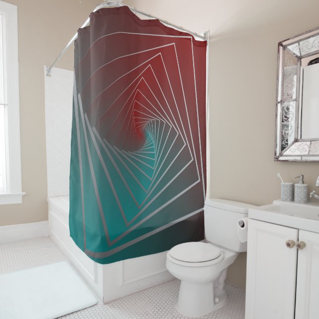 teal burgundy spin shower curtain (In Situ)