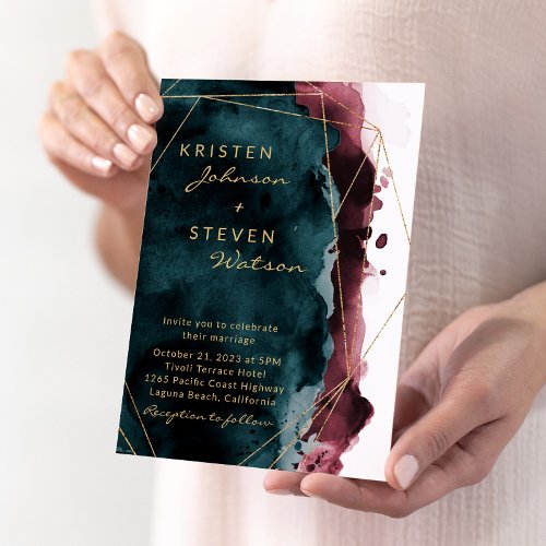 Teal  Burgundy Watercolor Wedding Invitation