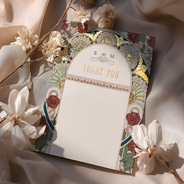 Teal Burgundy Wedding Thank You Vintage Nouveau Foil Holiday Postcard (Creator Uploaded)