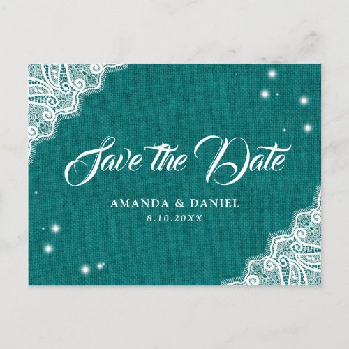 Teal Burlap and Lace Save The Date Postcard