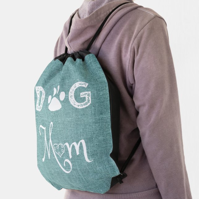 Teal Burlap Dog Mom Drawstring Backpack (Insitu)