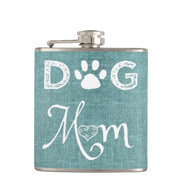 Teal Burlap Dog Mom Flask (Front)