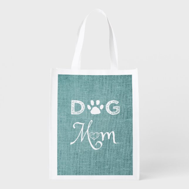 Teal Burlap Dog Mom Reusable Grocery Bag (Back)