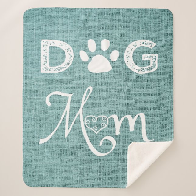 Teal Burlap Dog Mom Sherpa Blanket (Front)