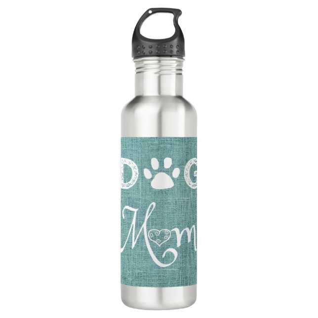 Teal Burlap Dog Mom Water Bottle (Front)