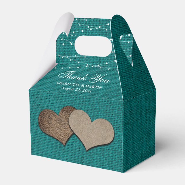 Teal Burlap Heart Wedding Thank You Favor Boxes (Front Side)