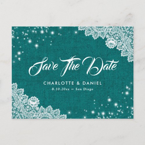 Teal Burlap Lace Wedding Save The Date Postcard