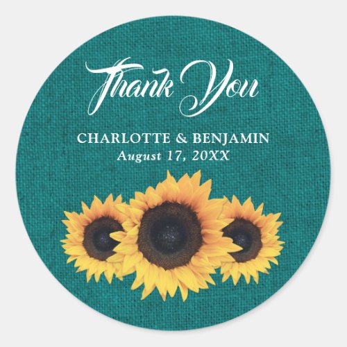 Teal Burlap Sunflower Wedding Thank You Classic Round Sticker