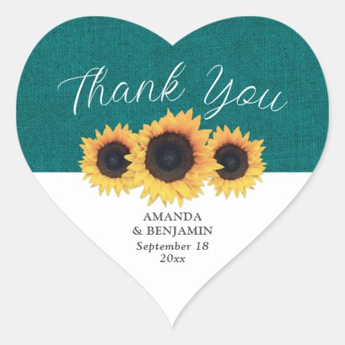 Teal Burlap Sunflower Wedding Thank You Heart Sticker