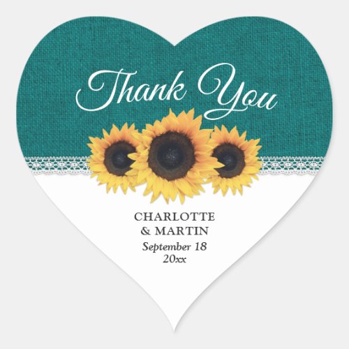 Teal Burlap Sunflower Wedding Thank You Heart Sticker