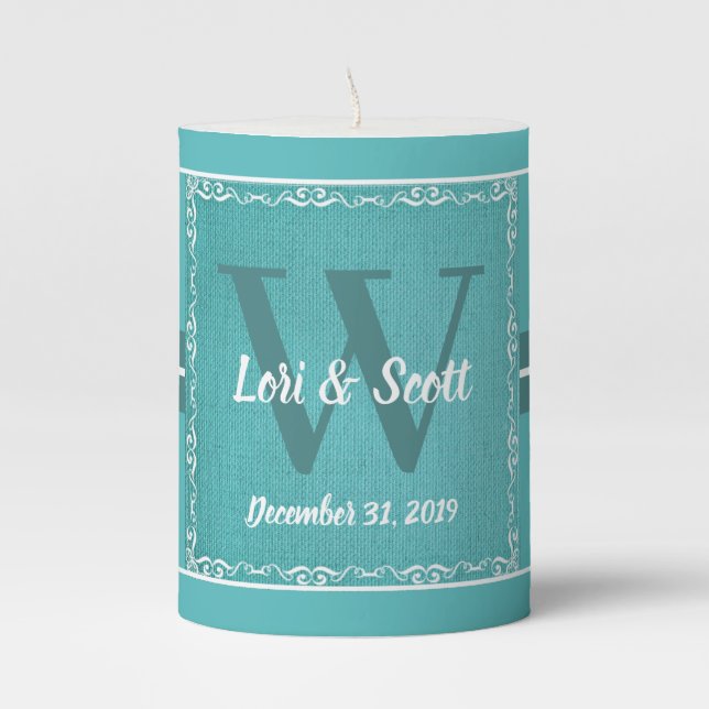 Teal Burlap Wedding Pillar Candle (Front)