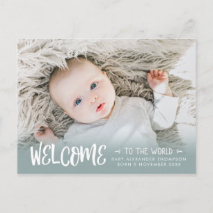 Teal Burlap Welcome to the World Photo Birth Announcement Postcard