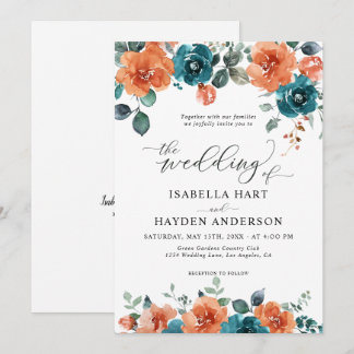 Teal Burnt Orange Boho Floral Watercolor Wedding Invitation