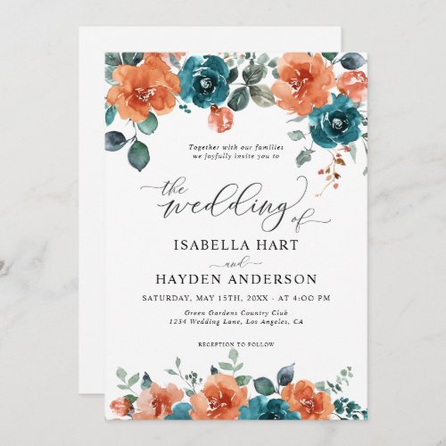 Teal Burnt Orange Boho Floral Watercolor Wedding Invitation