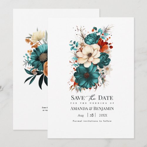 Teal Burnt Orange & Champagne Floral Wedding Save The Date