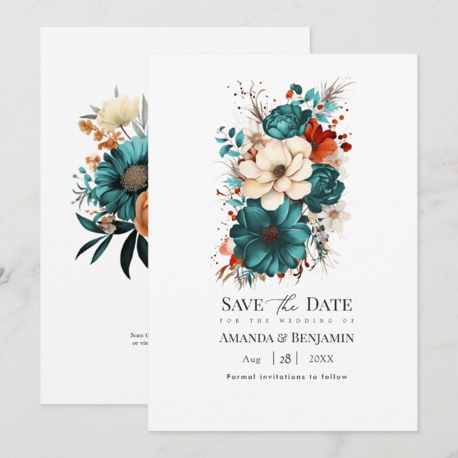 Teal Burnt Orange & Champagne Floral Wedding Save The Date (Front/Back)