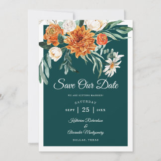 Teal Burnt Orange Elegant Autumn Floral Wedding  Save The Date