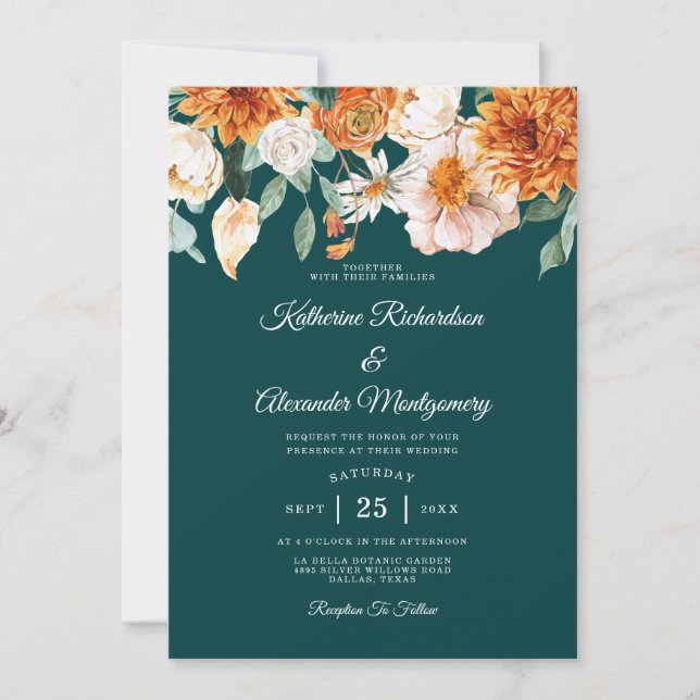 Teal Burnt Orange Elegant Floral Fall Wedding Invitation (Front)