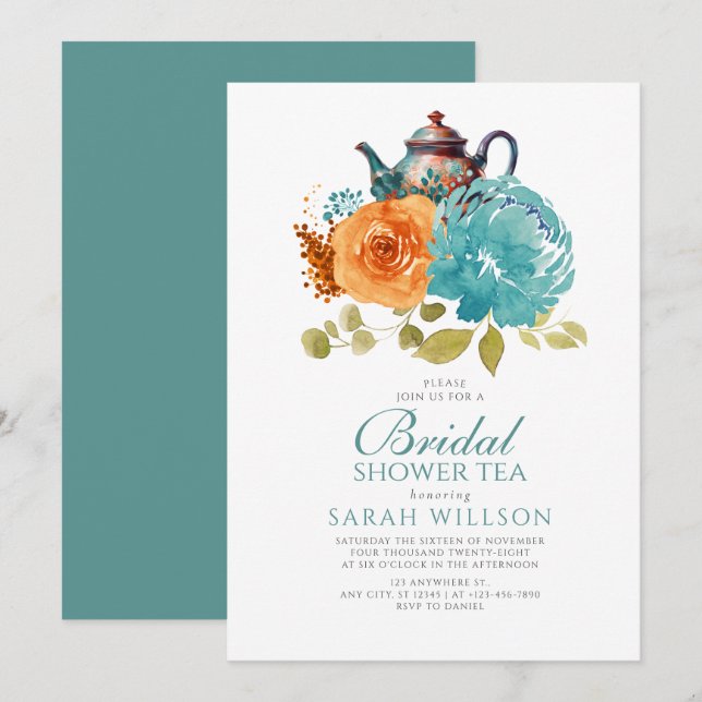 Teal Burnt Orange Fall  Floral Bridal Shower Tea Invitation (Front/Back)
