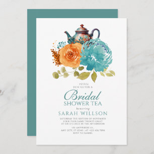 Teal Burnt Orange Fall Floral Bridal Shower Tea Invitation