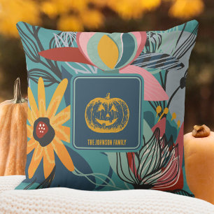 Teal Burnt Orange Fall Floral Pumpkin Throw Pillow