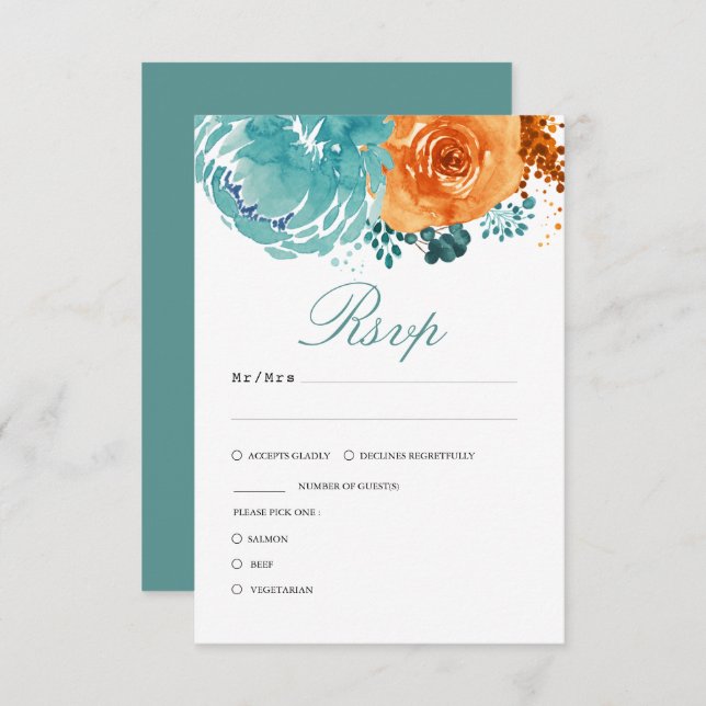 Teal Burnt Orange Fall Floral Wedding RSVP Card (Front/Back)