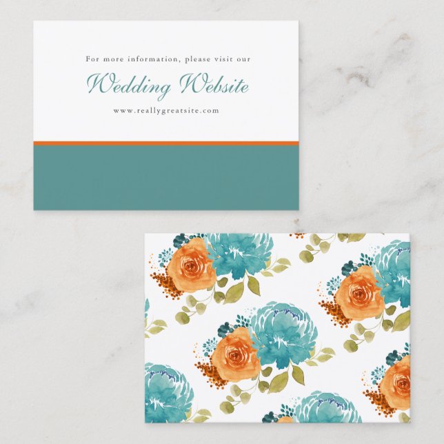 Teal Burnt Orange Floral Boho Wedding Website Business Card (Front/Back)