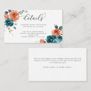 Teal Burnt Orange Floral Bouquets Wedding Details Enclosure Card