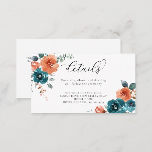Teal Burnt Orange Floral Bouquets Wedding Details Enclosure Card