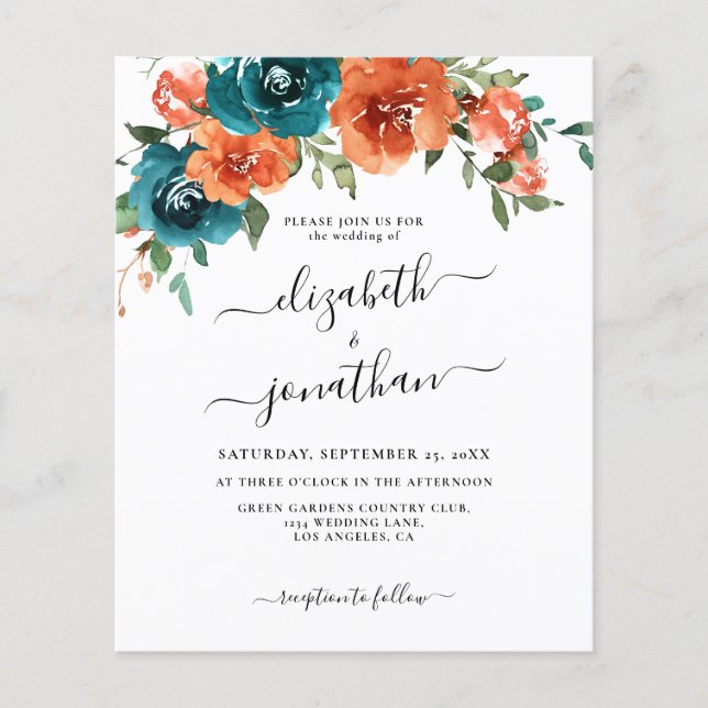 Teal Burnt Orange Floral Budget Wedding Invitation (Front)