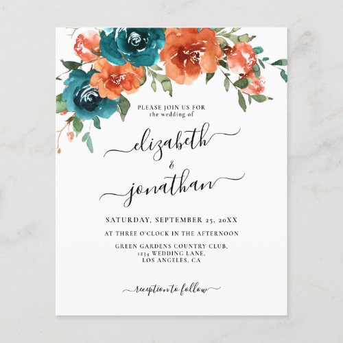 Teal Burnt Orange Floral Budget Wedding Invitation