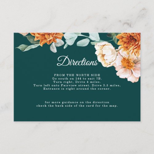 Teal Burnt Orange Floral Direction Details Wedding Enclosure Card