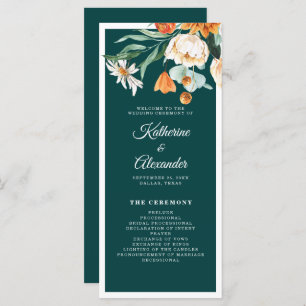 Teal Burnt Orange Floral Elegant Script Wedding Program